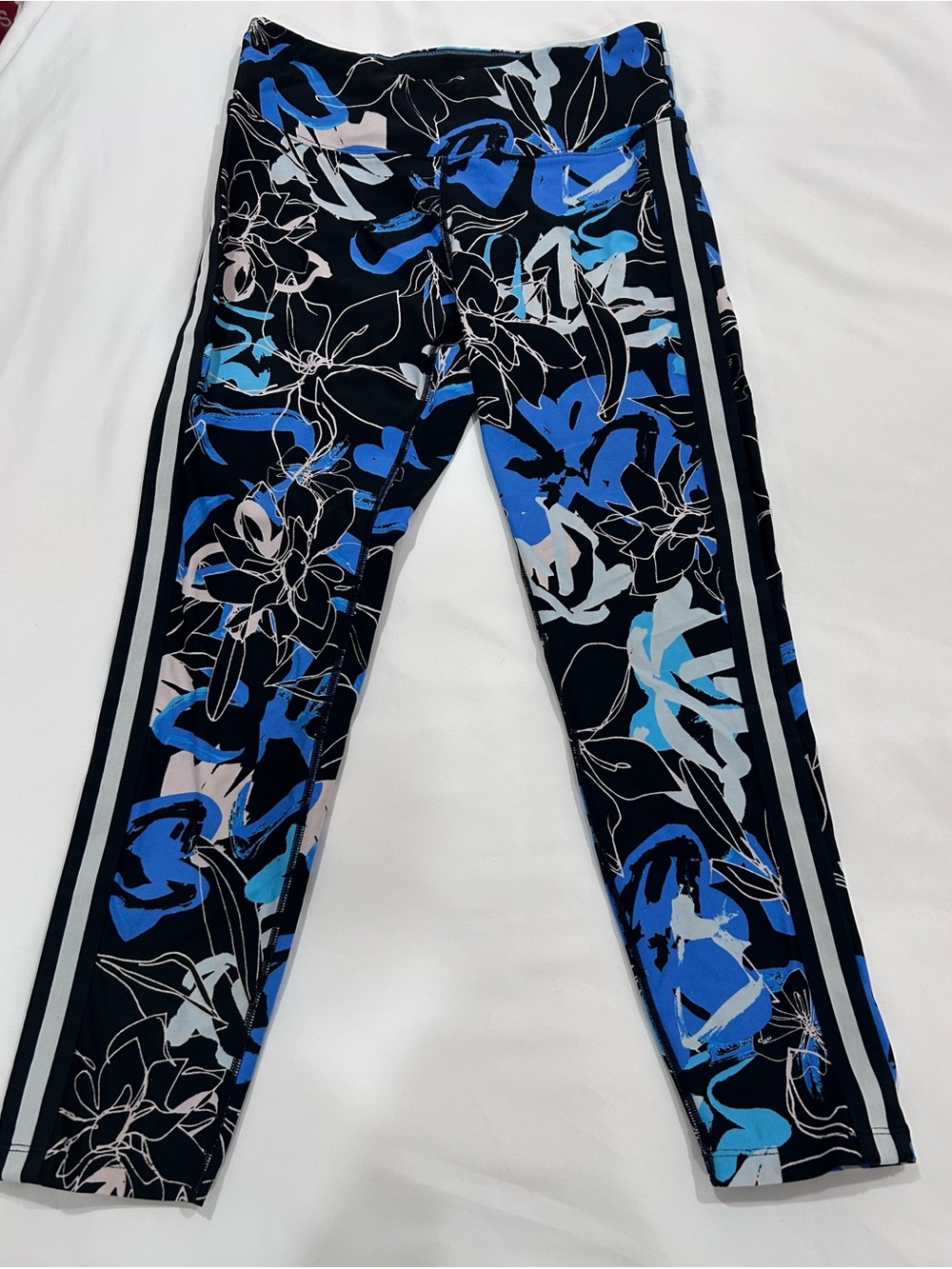 Calvin Klein Black Floral Track Joggers with Blue Accents, Size M.